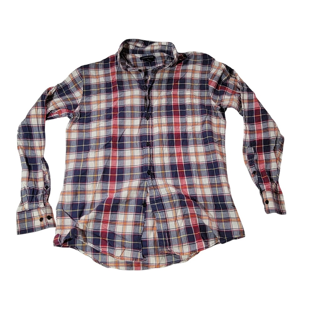 Lands End Mens Medium Plaid Button Down Shirt Navy Red White Traditional Fit